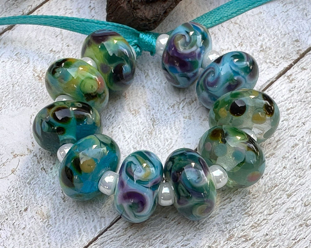 blue green lampwork beads