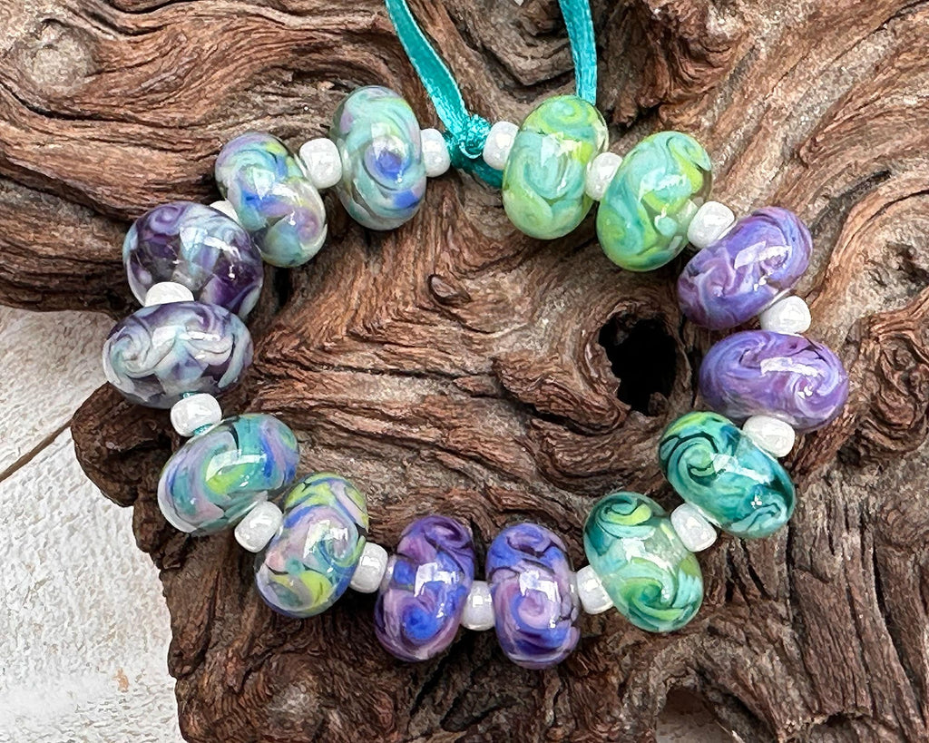 purple green lampwork beads
