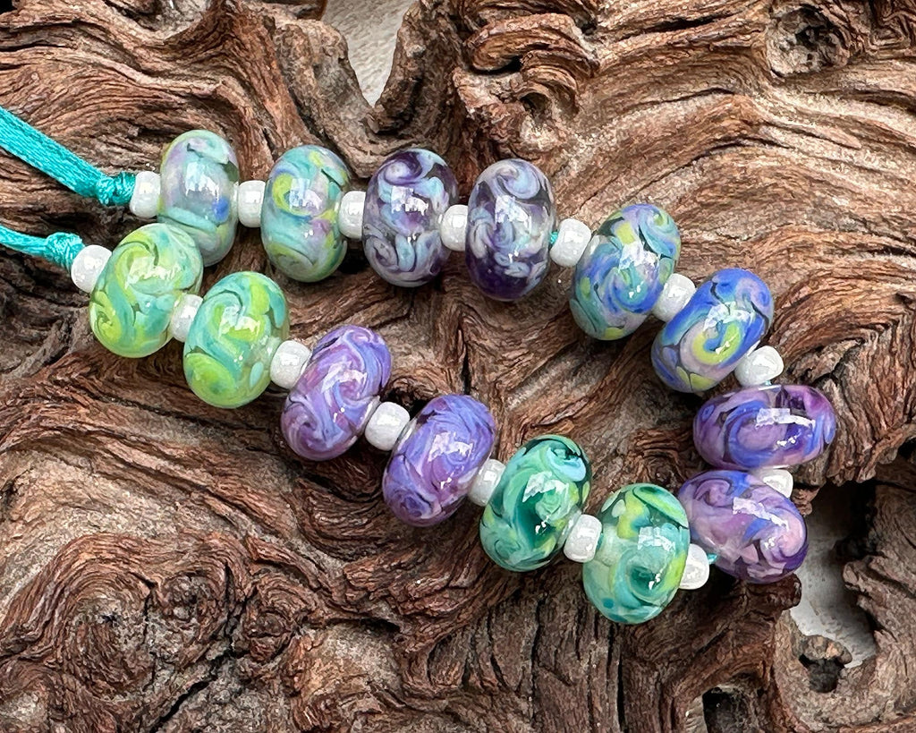 purple green lampwork beads