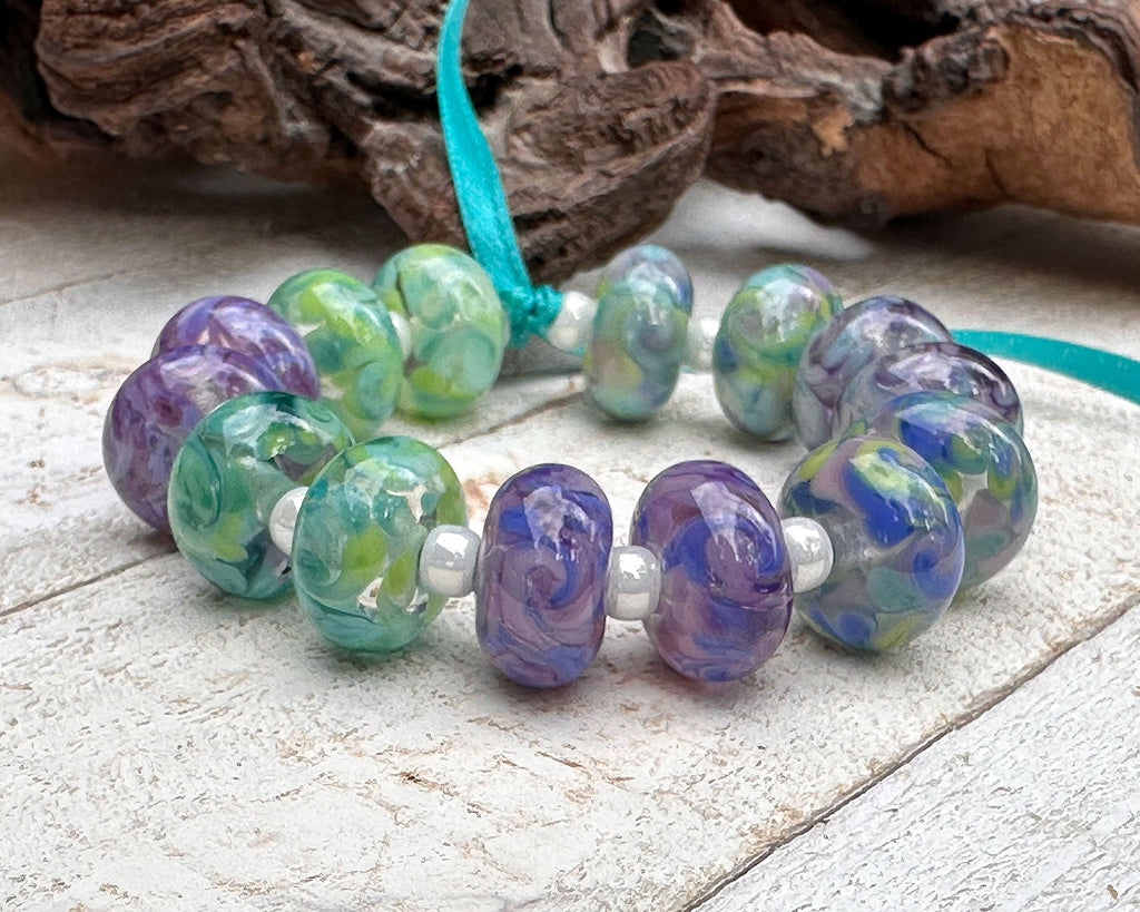 purple green lampwork beads