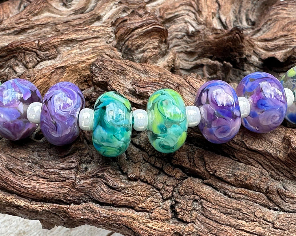 purple green lampwork beads