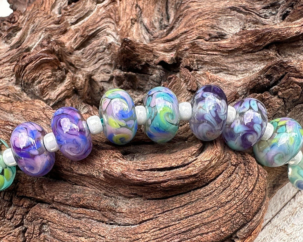 purple green lampwork beads