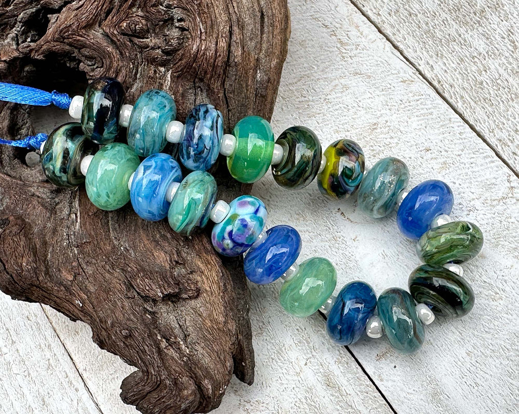 blue green lampwork beads