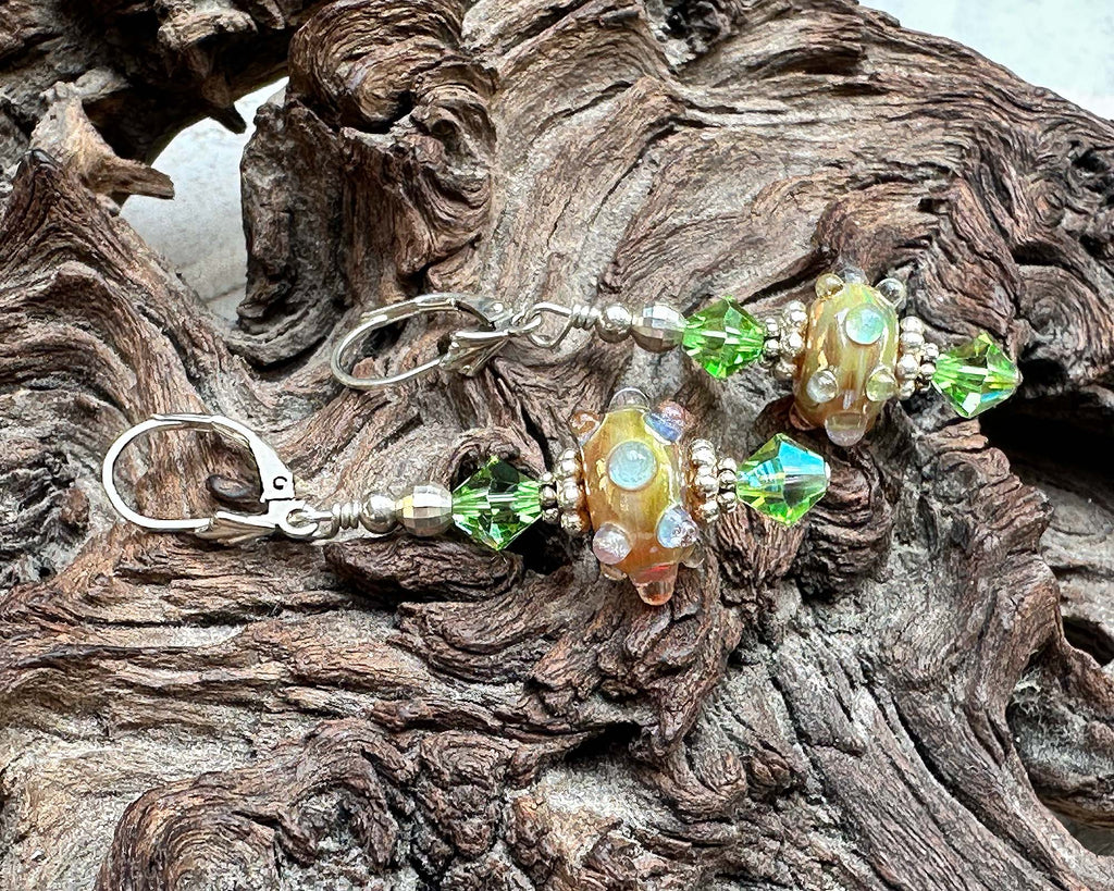 Green and Gold Lampwork Earrings