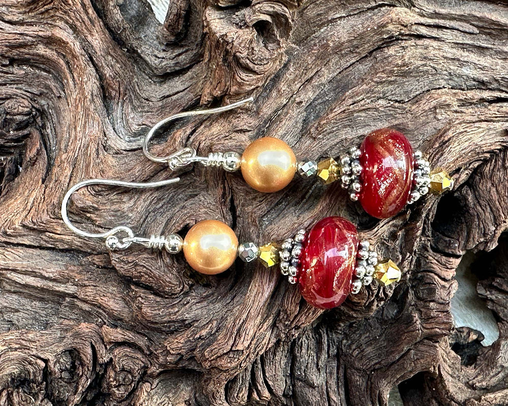 red gold lampwork earrings
