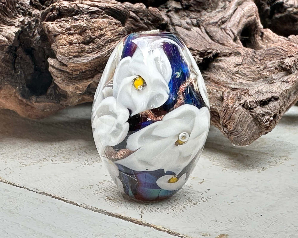 white floral lampwork bead