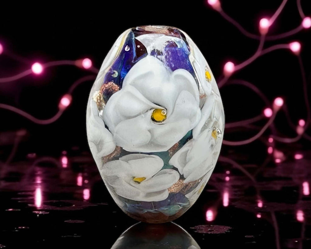 white floral lampwork bead