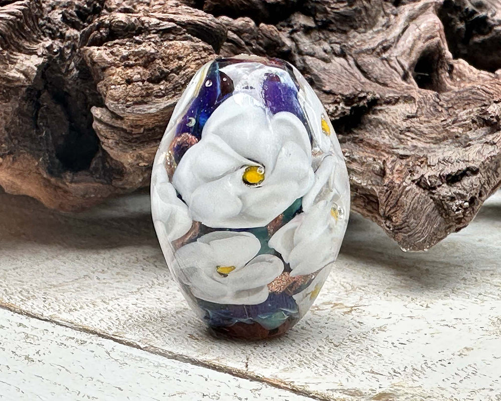 white floral lampwork bead