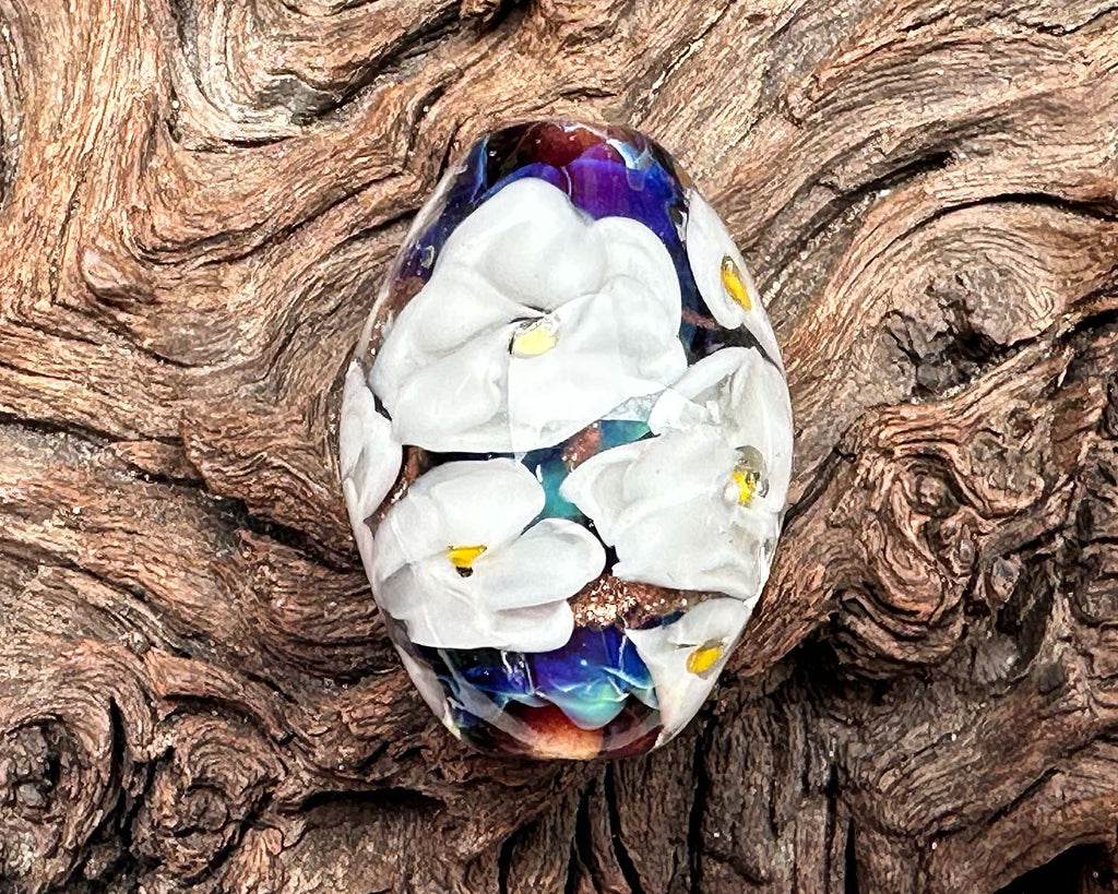 white floral lampwork bead