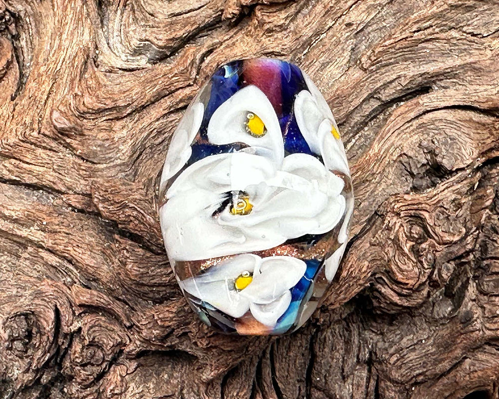 white floral lampwork bead