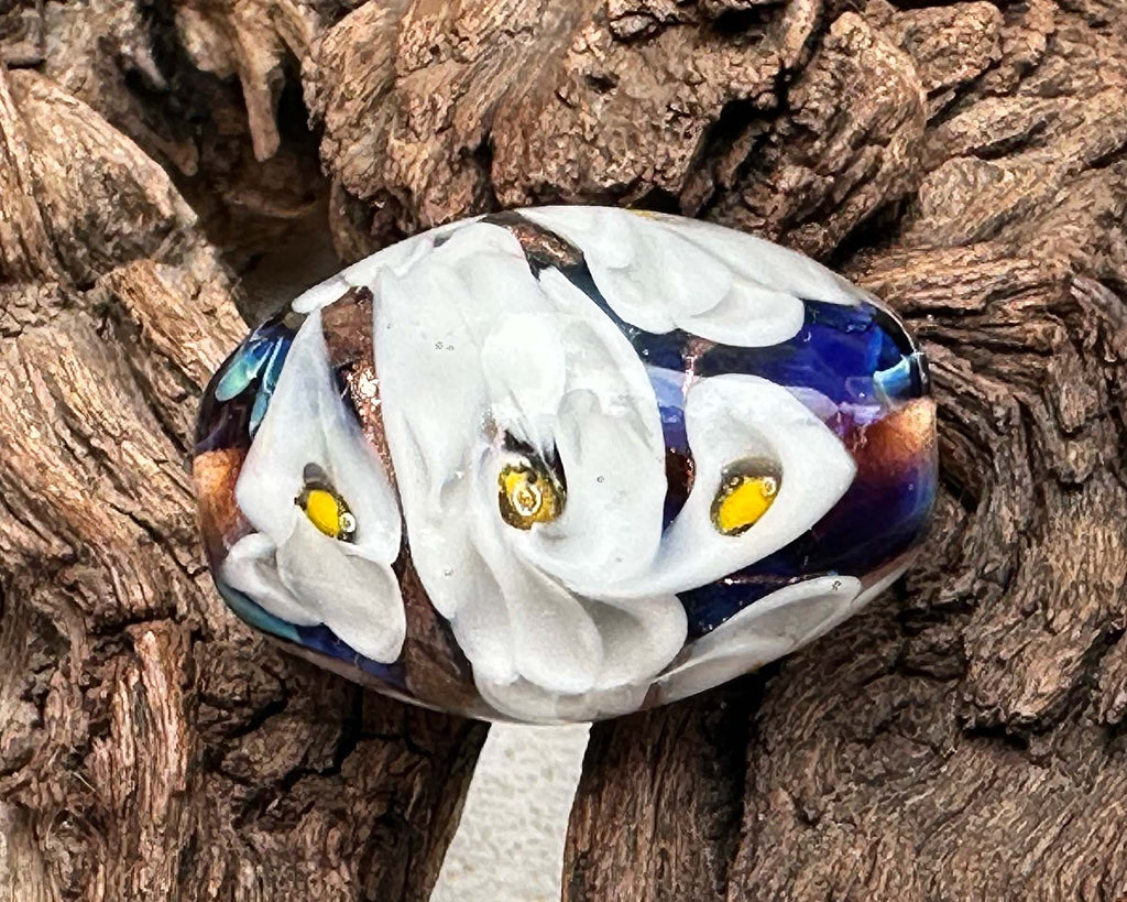 white floral lampwork bead