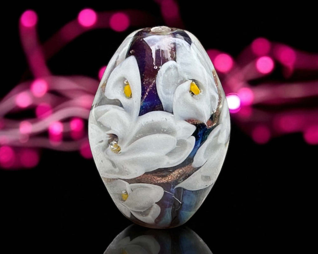 white floral lampwork bead