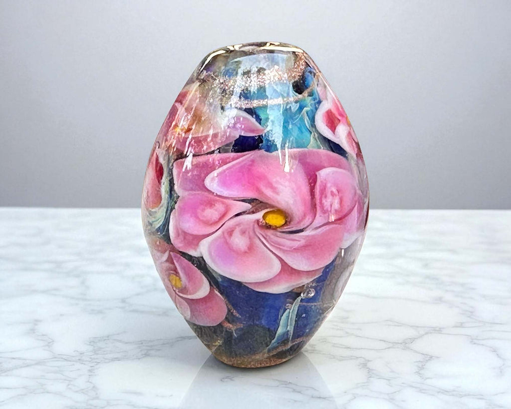 pink floral lampwork bead