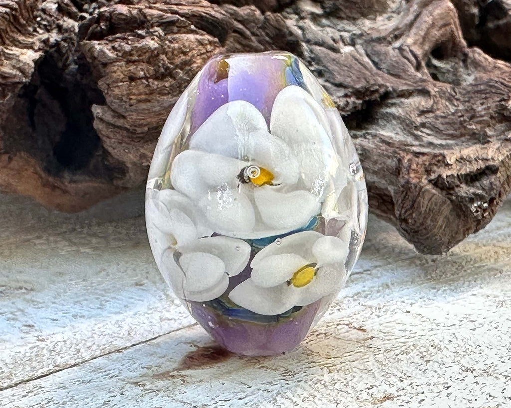 white floral lampwork bead