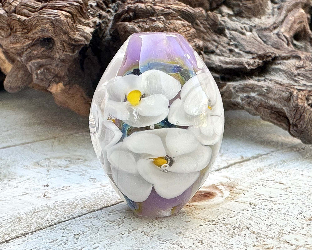 white floral lampwork bead