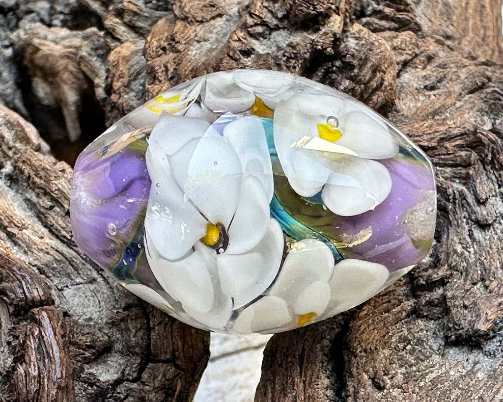 white floral lampwork bead