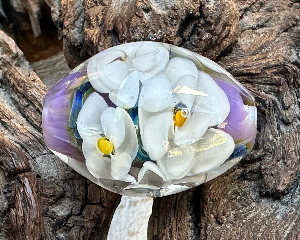 white floral lampwork bead