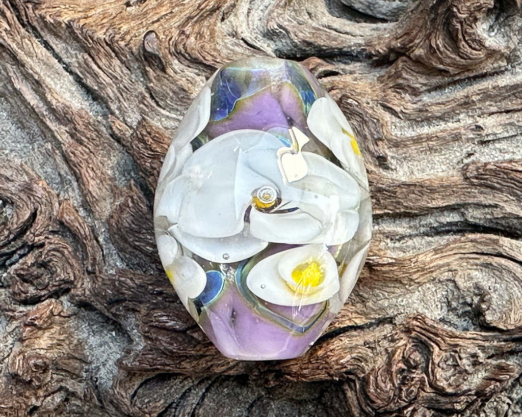 white floral lampwork bead