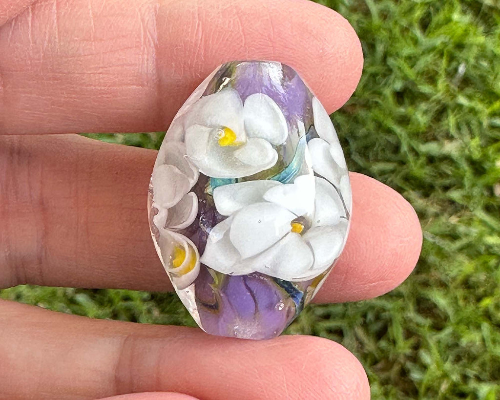 white floral lampwork bead