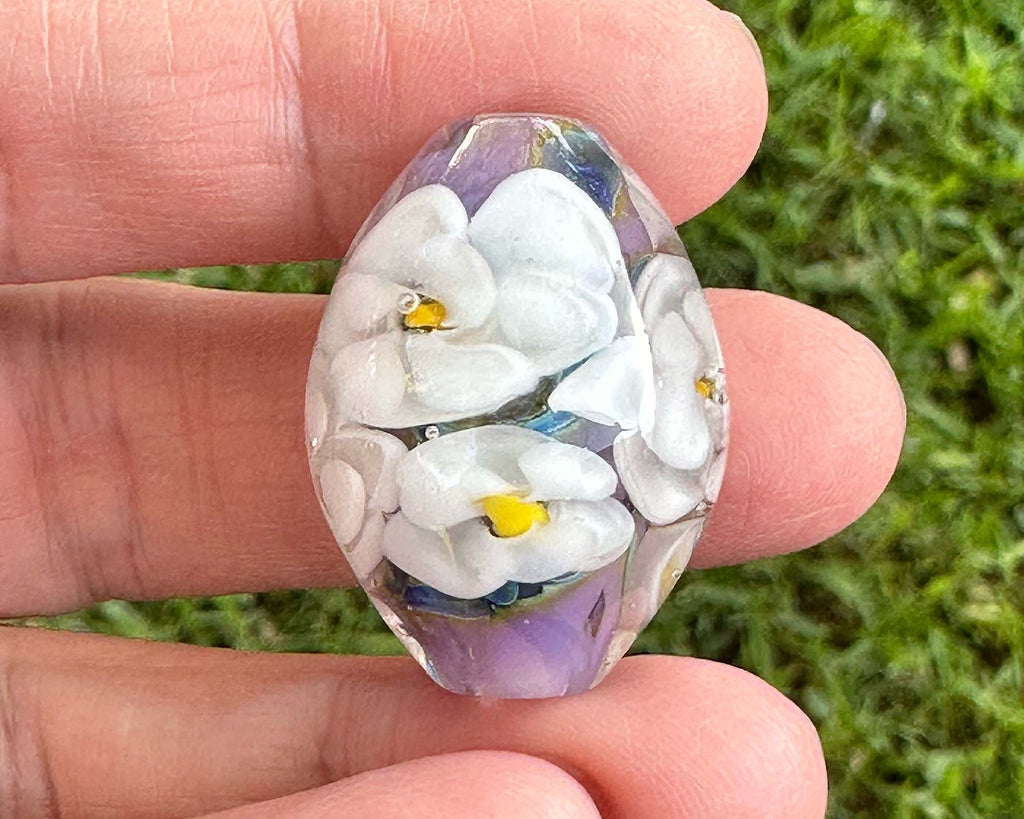 white floral lampwork bead