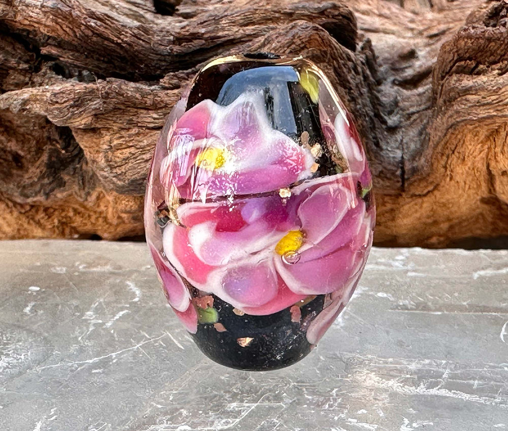 pink floral lampwork bead