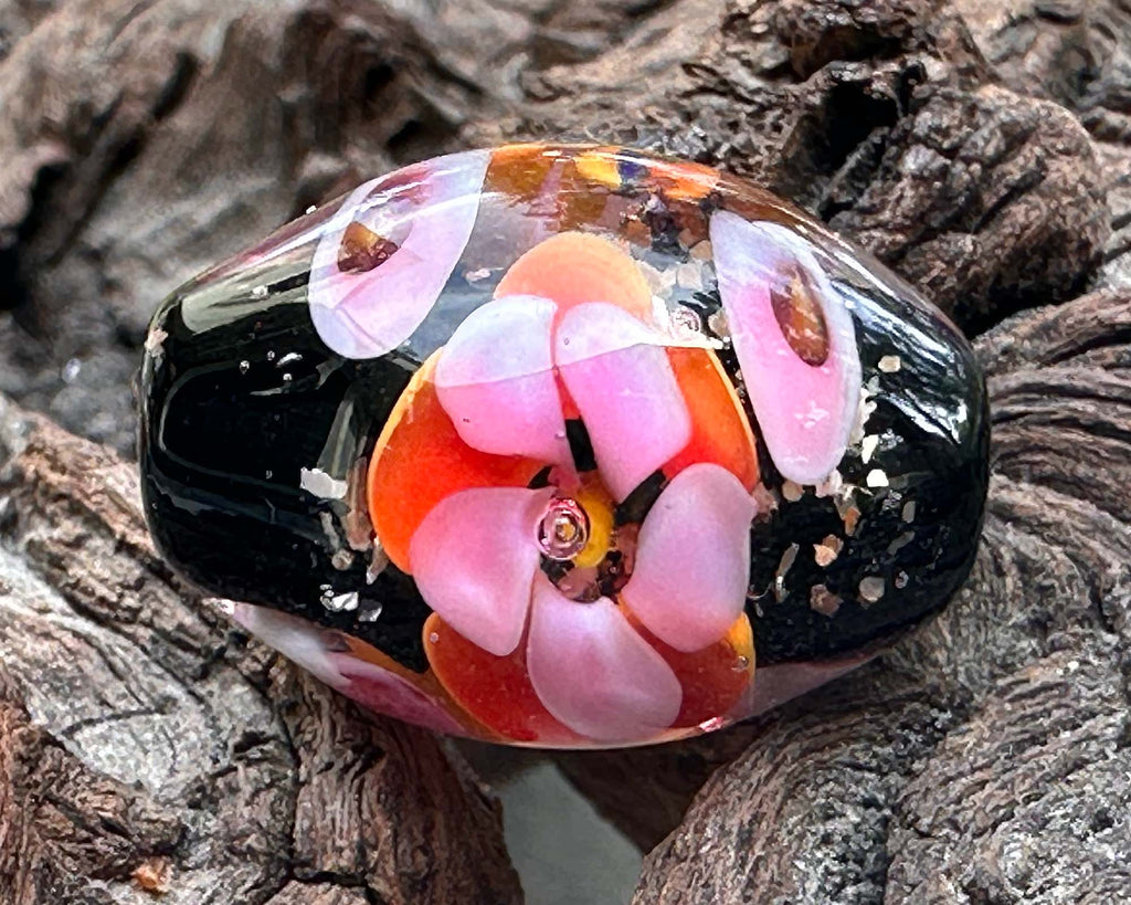 pink floral lampwork bead