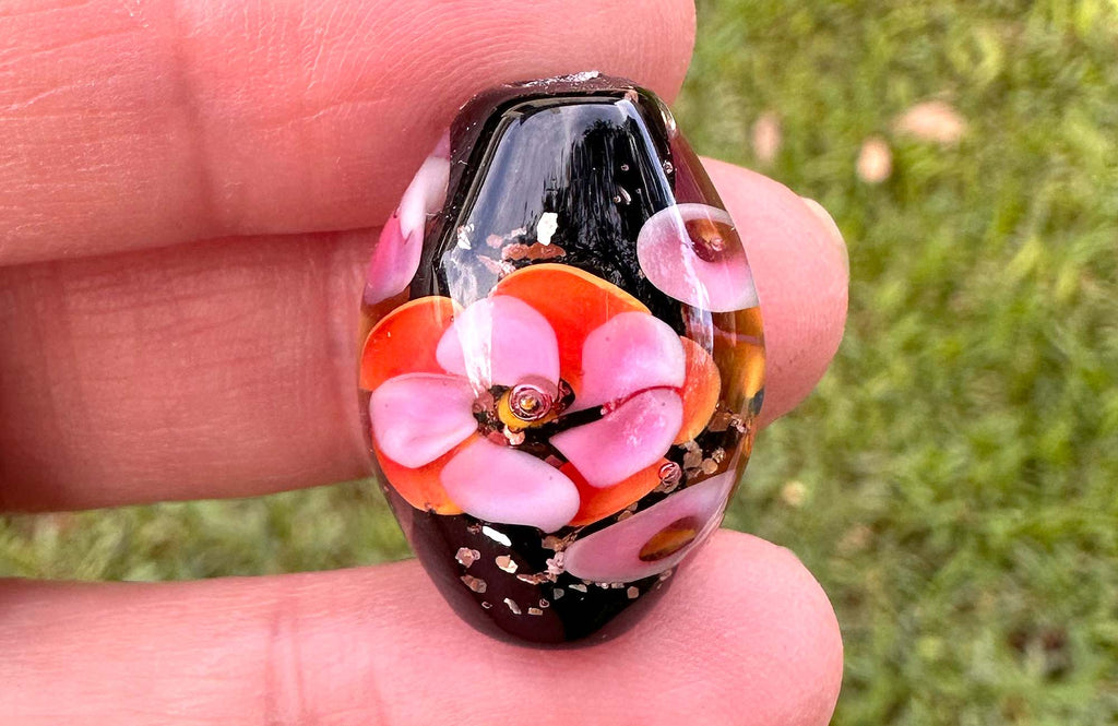 pink floral lampwork bead