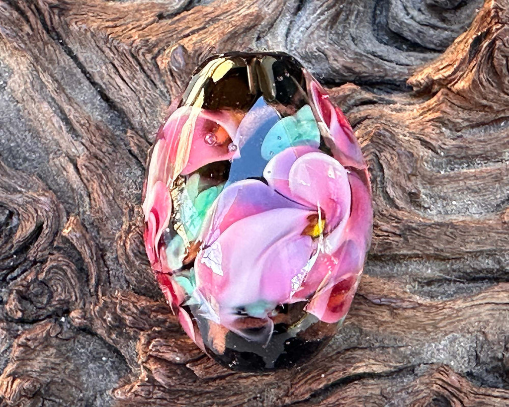 pink floral lampwork bead