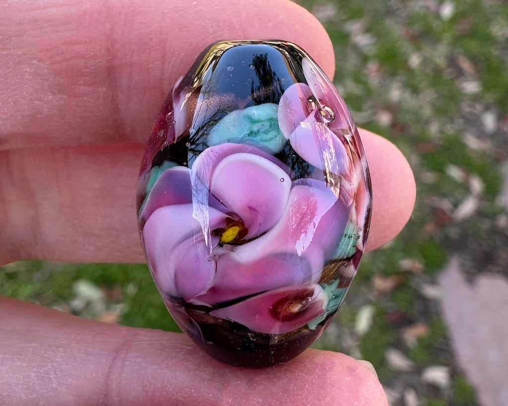 pink floral lampwork bead
