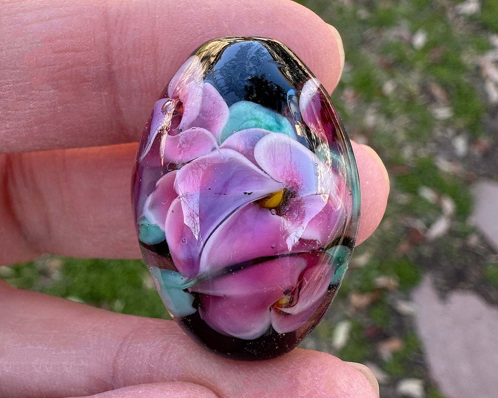 pink floral lampwork bead
