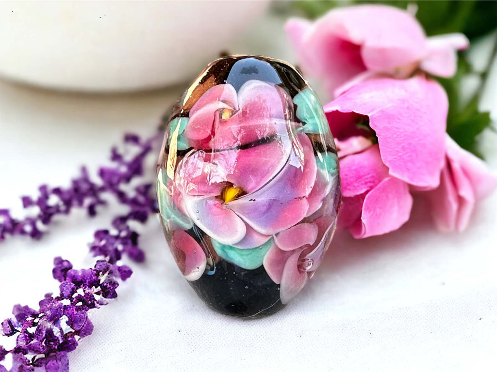 pink floral lampwork bead