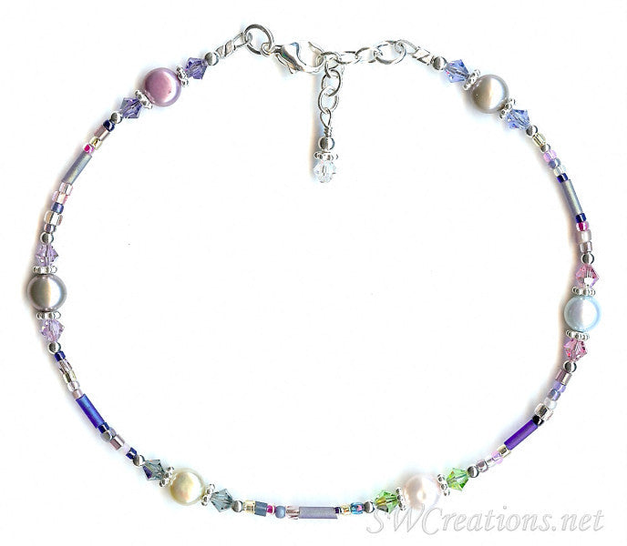 Blue Crystal Rose Pearl Pearl Silver Anklet - SWCreations
