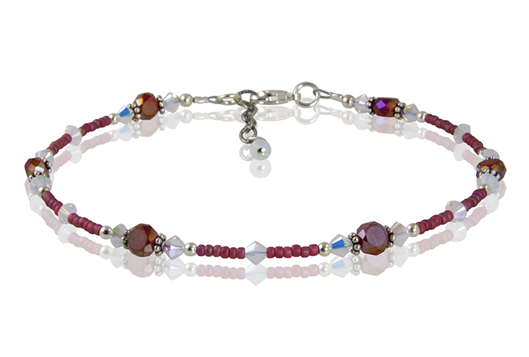 Opal Satin Ruby Crystal Beaded Anklet - SWCreations
