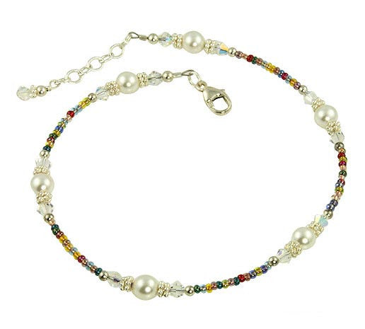 Rainbow Crystal Pearl Beaded Anklet - SWCreations
