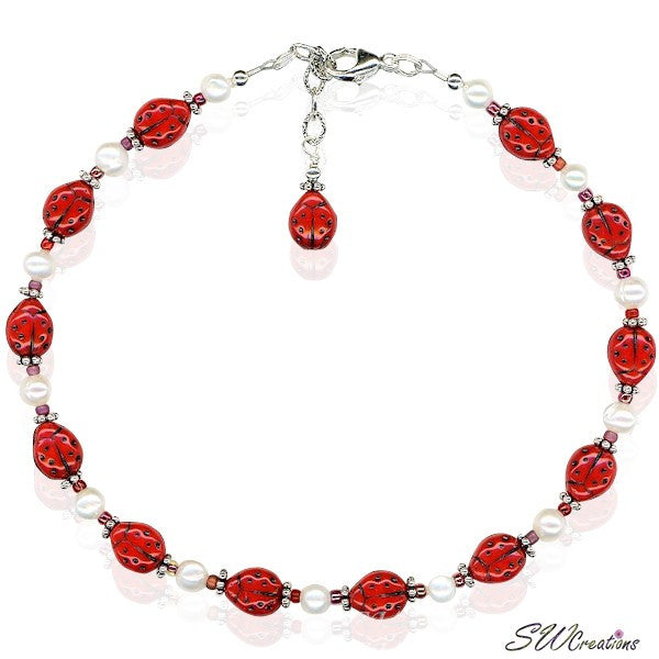 Ladybug Glass Pearl Beaded Anklet - SWCreations
