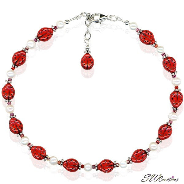 Ladybug Glass Pearl Beaded Anklet - SWCreations
