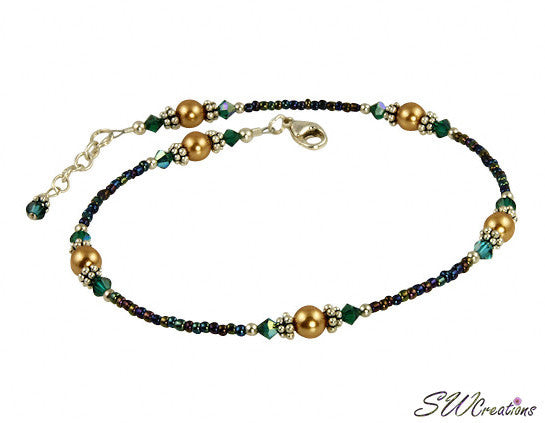 Alluring Emerald Dark Gold Beaded Anklet - SWCreations
