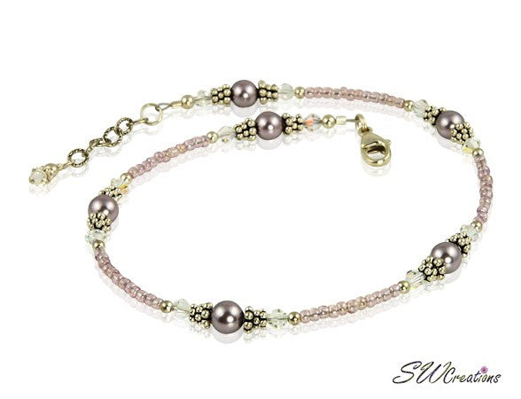 Mauve Crystal Pearl Beaded Anklet - SWCreations
