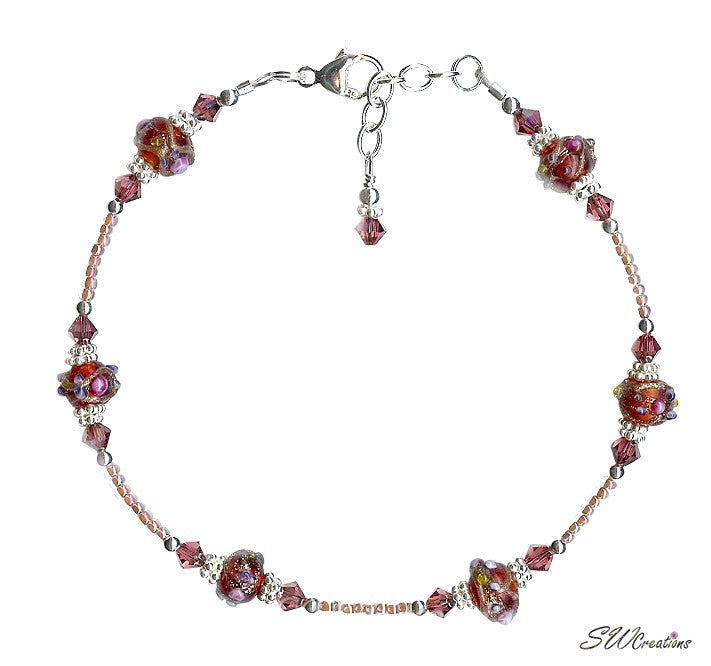 Ruby Pink Crystal Bali Beaded Anklet - SWCreations
