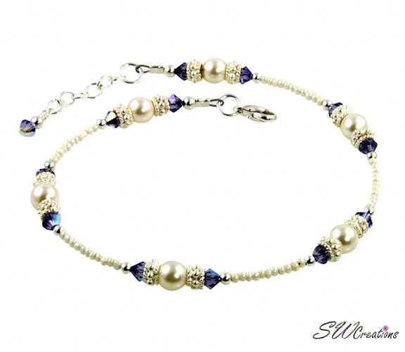 Tanzanite Cream Rose Crystal Beaded Anklet - SWCreations
