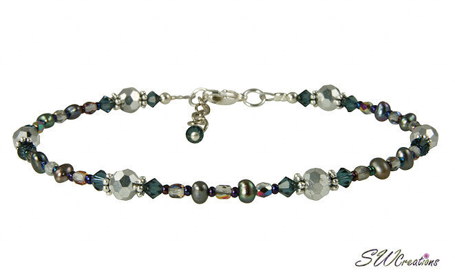 Moonlit Sapphire Pearl Crystal Beaded Anklet - SWCreations
