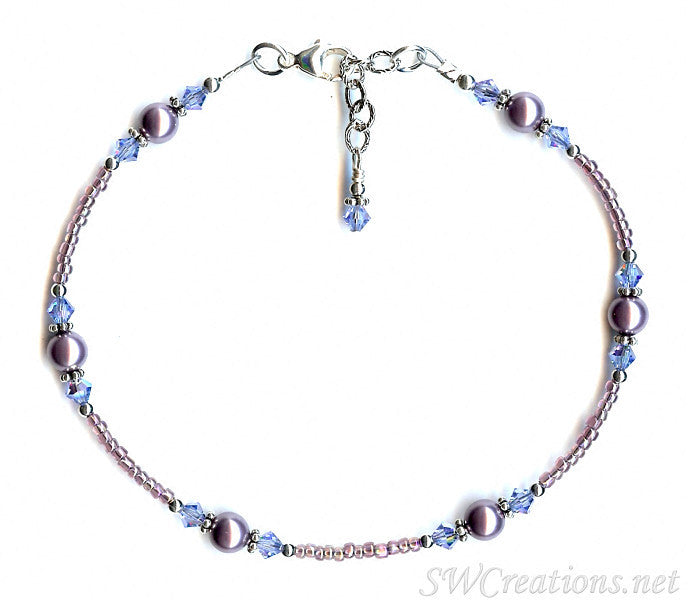 Sapphire Mauve Pearl Crystal Beaded Anklet - SWCreations
