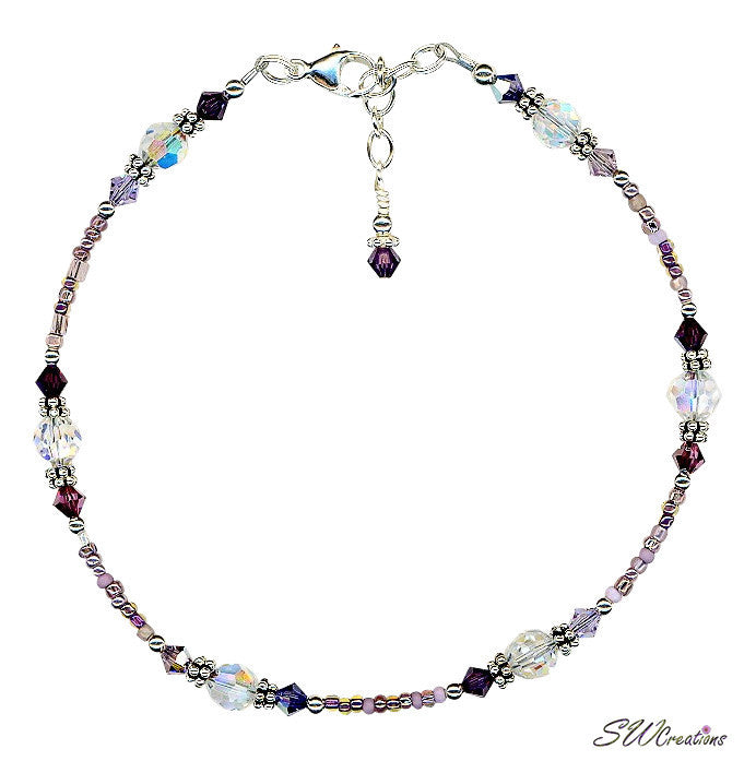 Purple Crystal Silver Beaded Anklet - SWCreations
