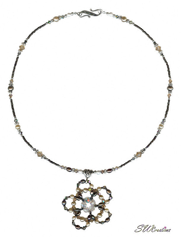 Coffee Hazelnut Floral Bead Crystal Pearl Bead Art Necklace - SWCreations
 - 2