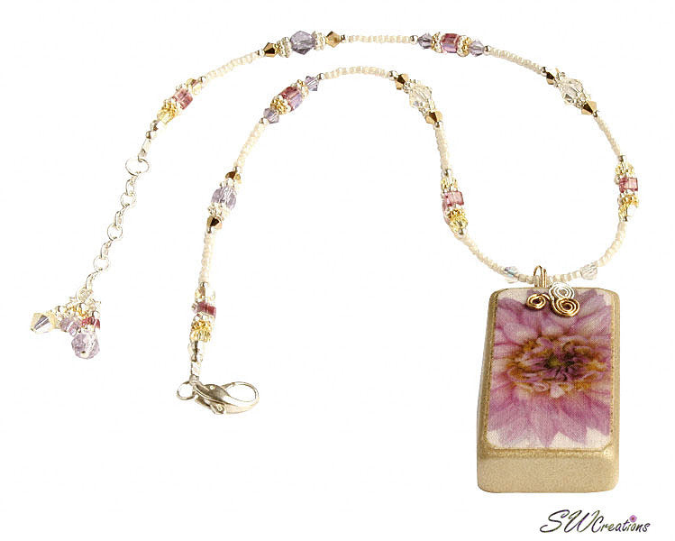 Purple Pink Yellow Dahlia Crystal Fleuri Art Domino Necklace - SWCreations
 - 1