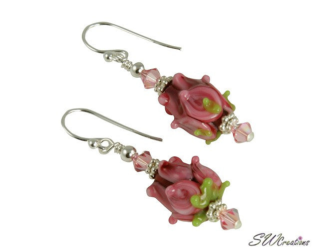 Pink Rose Floral Lampwork Bead Earrings - SWCreations
