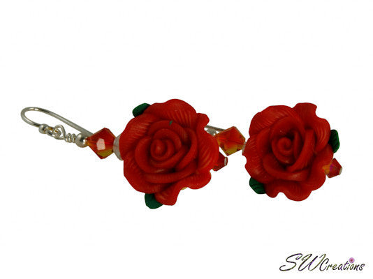 Red Fire Rose Flower Beaded Earrings - SWCreations
