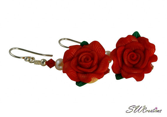 Red Pearl Rose Crystal Beaded Earrings - SWCreations
