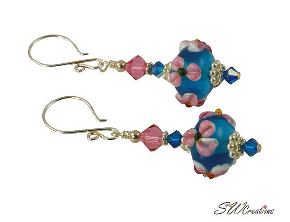 Rose Floral Blue Lampwork Bead Earrings - SWCreations
