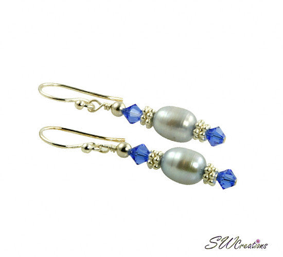 Sapphire Blue Crystal Pearl Beaded Earrings - SWCreations

